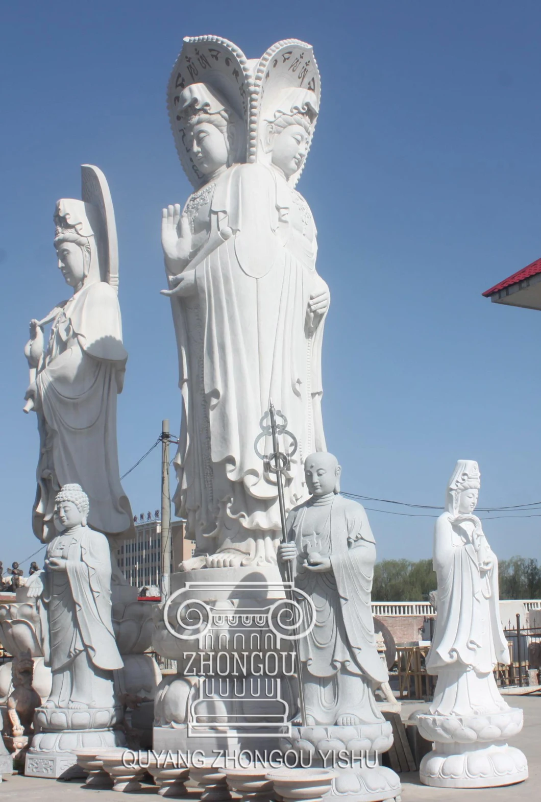 a Large Three-Headed Stone Sculpture of Guanyin Buddha