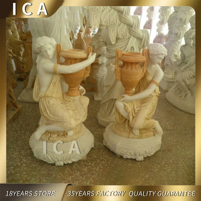 Garden Decoration Marble Carving Flower Planter with Angel Statue Flowerpot