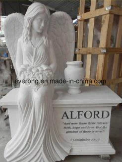 White Marble Carving Sitting Angel Statue Tombstone for Gravestone /Monument