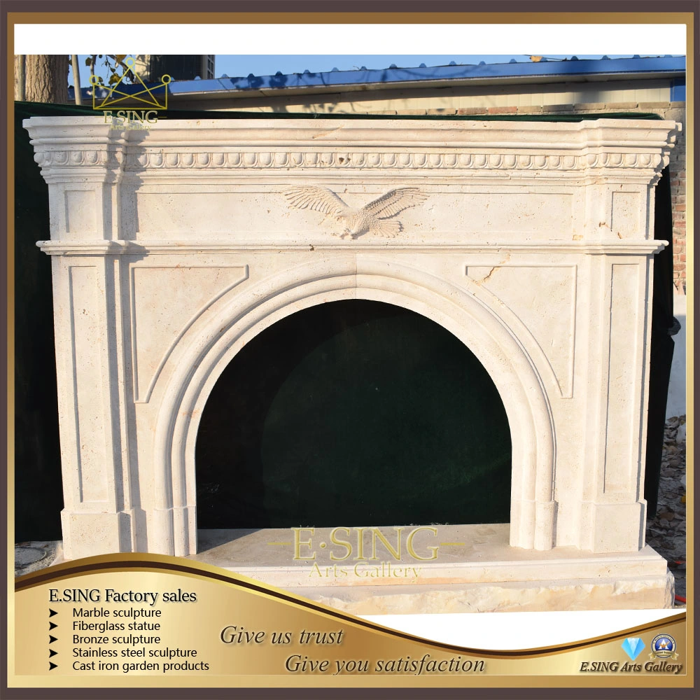 New Design Travertine Natural Stone Eagle Fireplace Frame Marble Arch Fireplace for Home