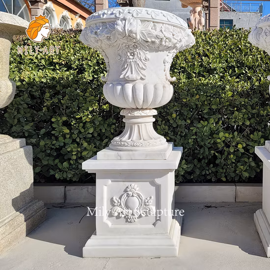 Florero de piso de mármol tallado a mano Macetas de piedra de mármol blanco para jardín