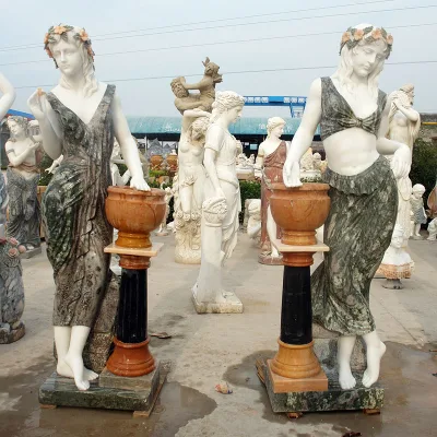 Muebles de piedra de jardín tallado a mano maceta de mármol sólido Natural con estatuas de señora