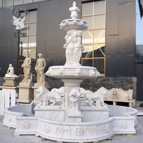 Gran fuente de jardín tallada en león de mármol blanco
